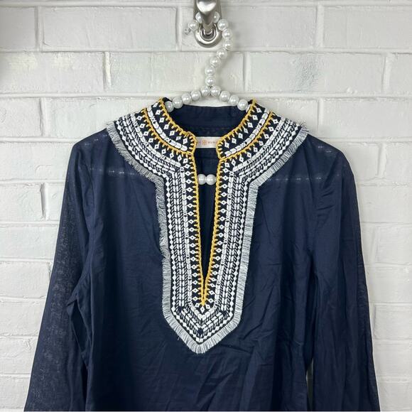 Tory Burch Navy Embroidered Fringe Detail 100% Cotton Tunic Size 8 - Picture 4 of 14